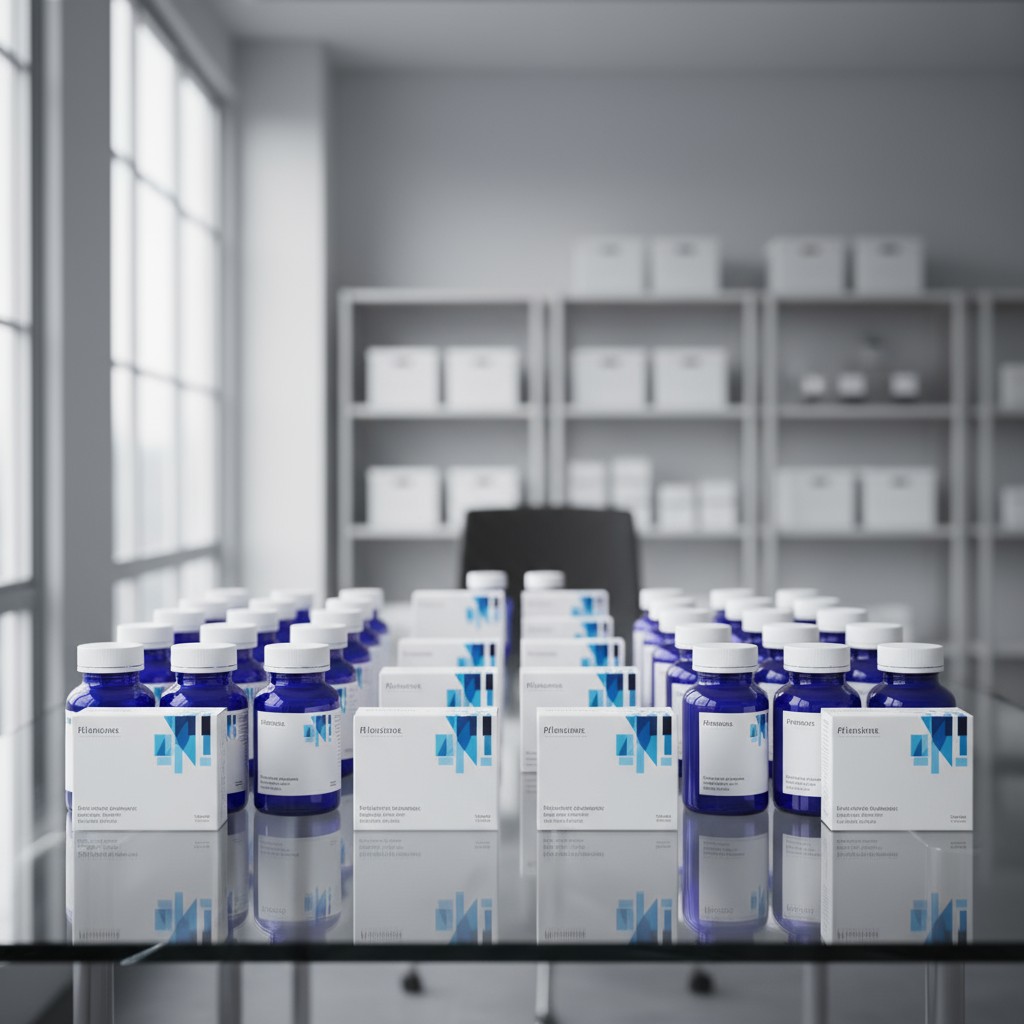 Three boxes of medication, sitting on a reflective surface, with blue medicine bottles lined up in rows.